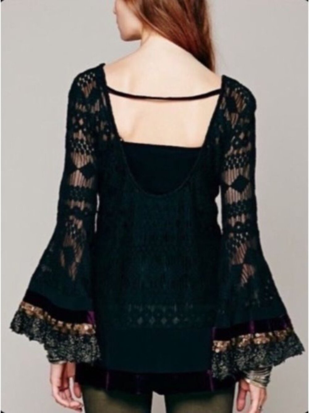 RARE Free People Black Lace Velvet Bell Sleeve Mini Dress Tunic| Whimsigoth Boho - Picture 15 of 16